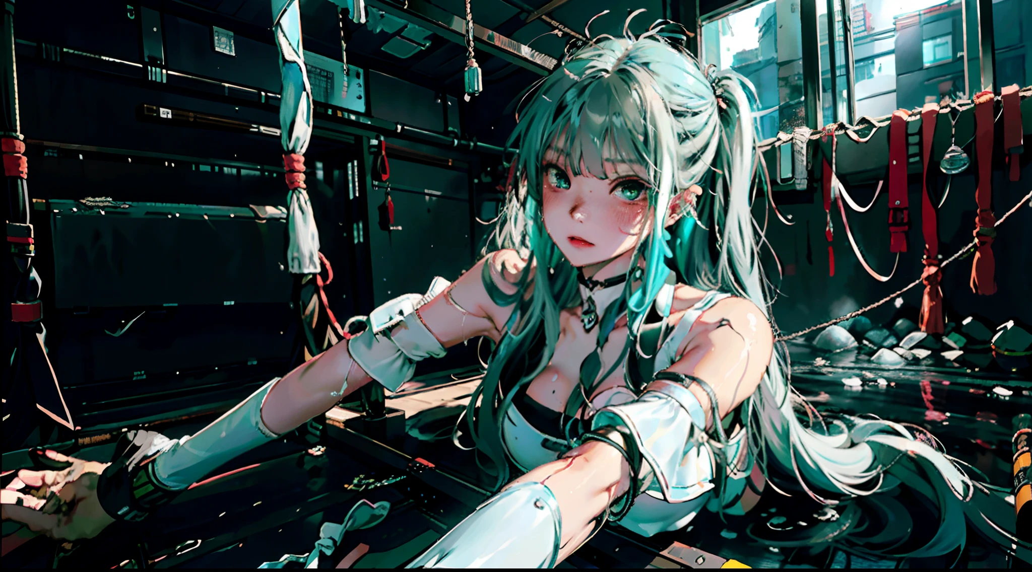 Anime girl with green hair and piercings sitting in a room - SeaArt AI