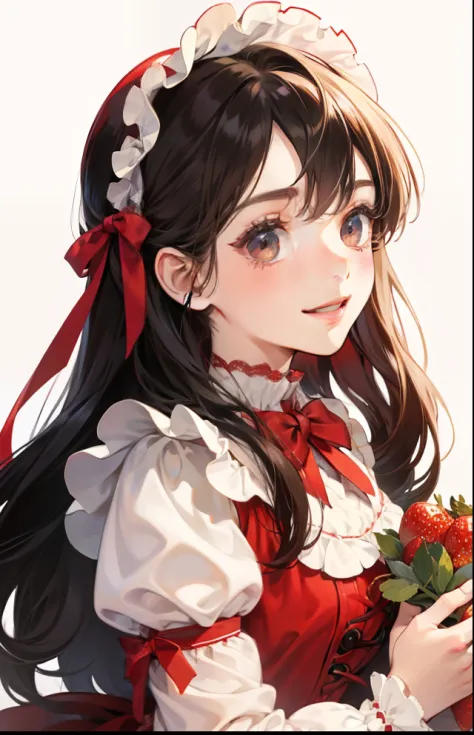 girl with、Background white、without background、A dark-haired、The long-haired、Contrasting bangs、Red One Piece、frilld、bow ribbon、red lolita fashion、with blush cheeks、Smiling、Holding strawberries in your hands、Strawberries、kawaii、without background