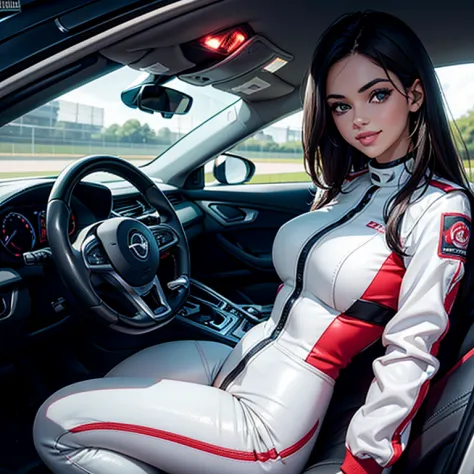 a girl wearing a driving suit , sit on a car, race queen,, racetrack, blushing face , dark hair (best quality:1.1), (masterpiece...