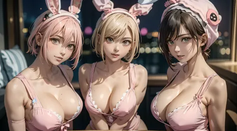 Lover's perspective、((Three incredibly beautiful villainous women in obscene pink bunny suits:1.3))、((NSFW))、Asymmetrical ultra-short hair,、cleavage of the breast、a matural female、Very boyish and cool、Shaved head、sky blue hair,Red inner hair、Bedroom with c...