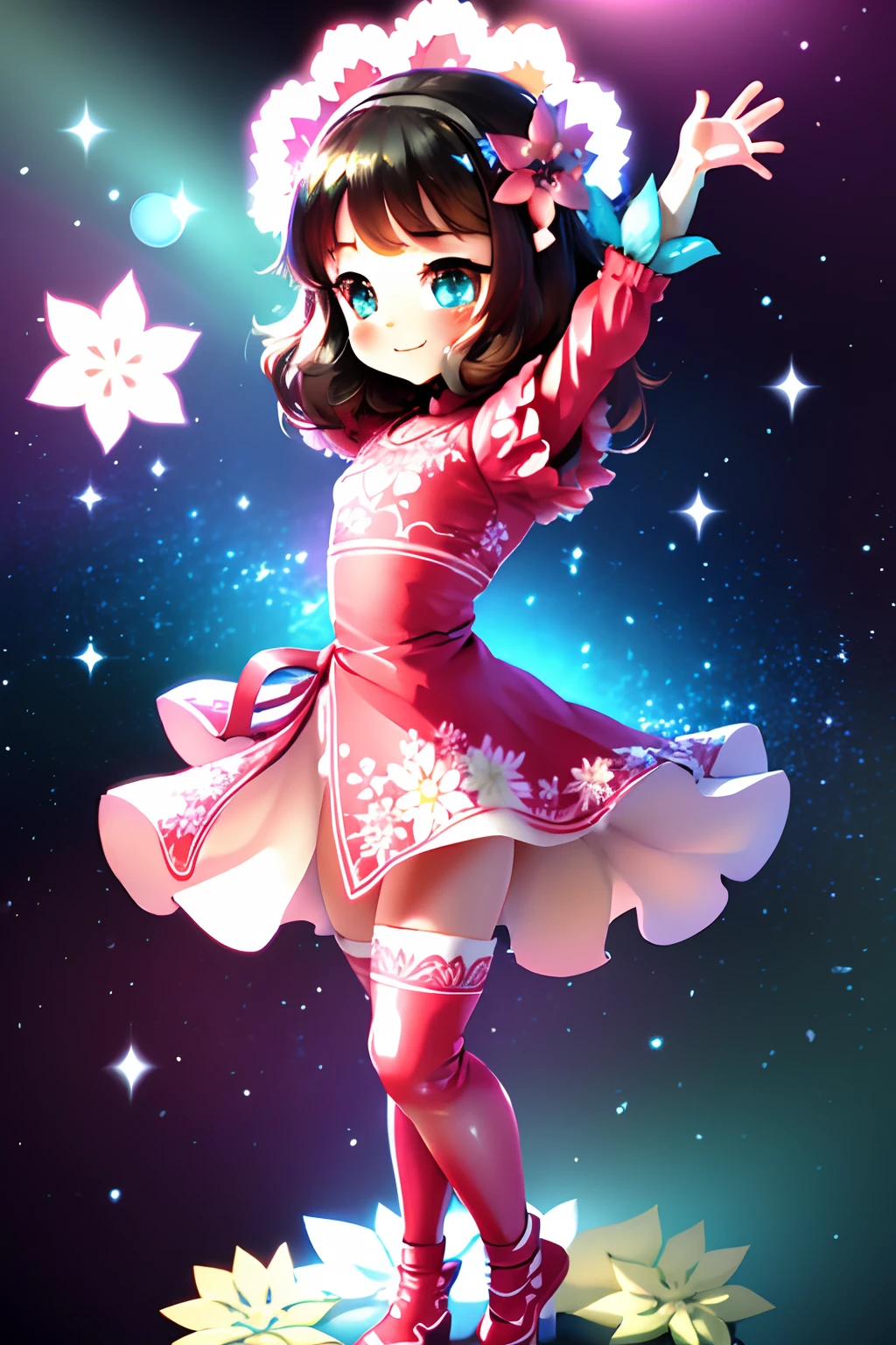 Extremely detailed,(Fractal Art:1.1),(Colorful:1.1)(Flowers:1.3)、 (Dynamic Pose), (Abstract background:1.3)、(Many colors:1.4)、Place one small doll on a circular stand、kawaii pose、A smile、A dark-haired、Chibi Doll、Stars in the eyes（kirakira）、Singing with microphone in hand、Eye Up、Laugh、Cute red shoes、Ultra Detail, radiant light、bio luminescent、Stronger bokeh effect、Taken from the side