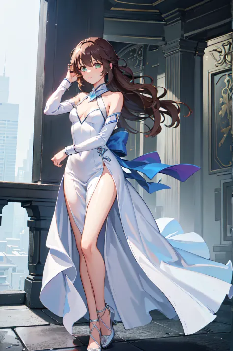 1girl, solo, highres, best quality, very aesthetic, night, mansion, towa herschel ((elegant white evening gown, side slit)),