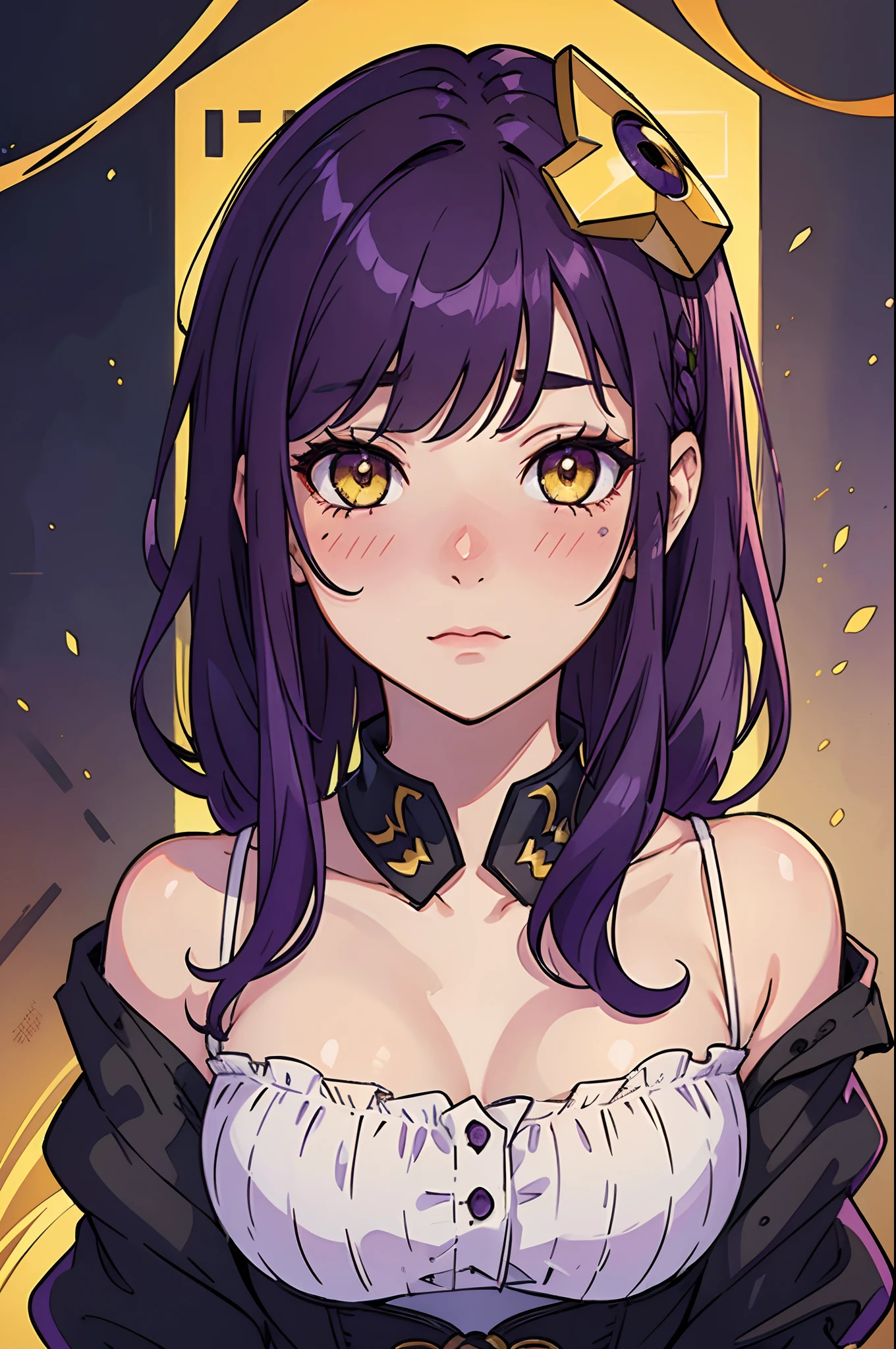 best quality, masterpiece, illustration:1.1), [[[1woman]]], ((Dark Purple hair)), yellow eyes, beautiful, perfect FACE , perfect proportions, no background. ((Blushing face)). Close on face.