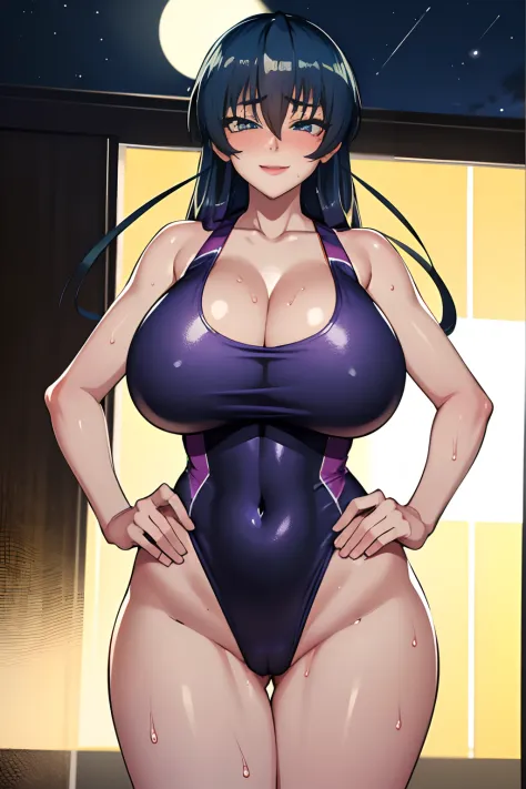 masterpiece, best quality, asagi, 1girl, breasts, solo, sweat, purple one piece swimsuit, large breasts, cleavage, smile, wide hips, looking at viewer, hand on hip, blush, huge breasts, blue hair, long hair, bangs, hair between eyes, green eyes, night, bea...