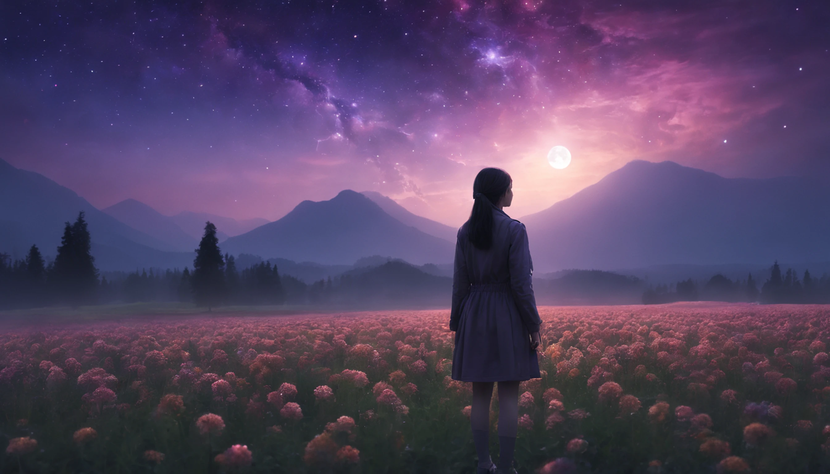 Vast landscape photo, (viewed from below, the sky is above and the open field is below), a girl standing on a flower field looking up, (full moon: 1.2), (meteor: 0.9), (nebula: 1.3), distant mountains , Trees BREAK Crafting Art, (Warm Light: 1.2), (Fireflies: 1.2), Lights, Lots of Purple and Orange, Intricate Details, Volumetric Lighting, Realism BREAK (Masterpiece: 1.2), (Best Quality), 4k, Ultra-Detailed, (Dynamic Composition: 1.4), Very Detailed, Colorful Details, (Rainbow Colors: 1.2), (Glow Lighting, Atmospheric Lighting), Dreamy, Magical, (Solo: 1.2)