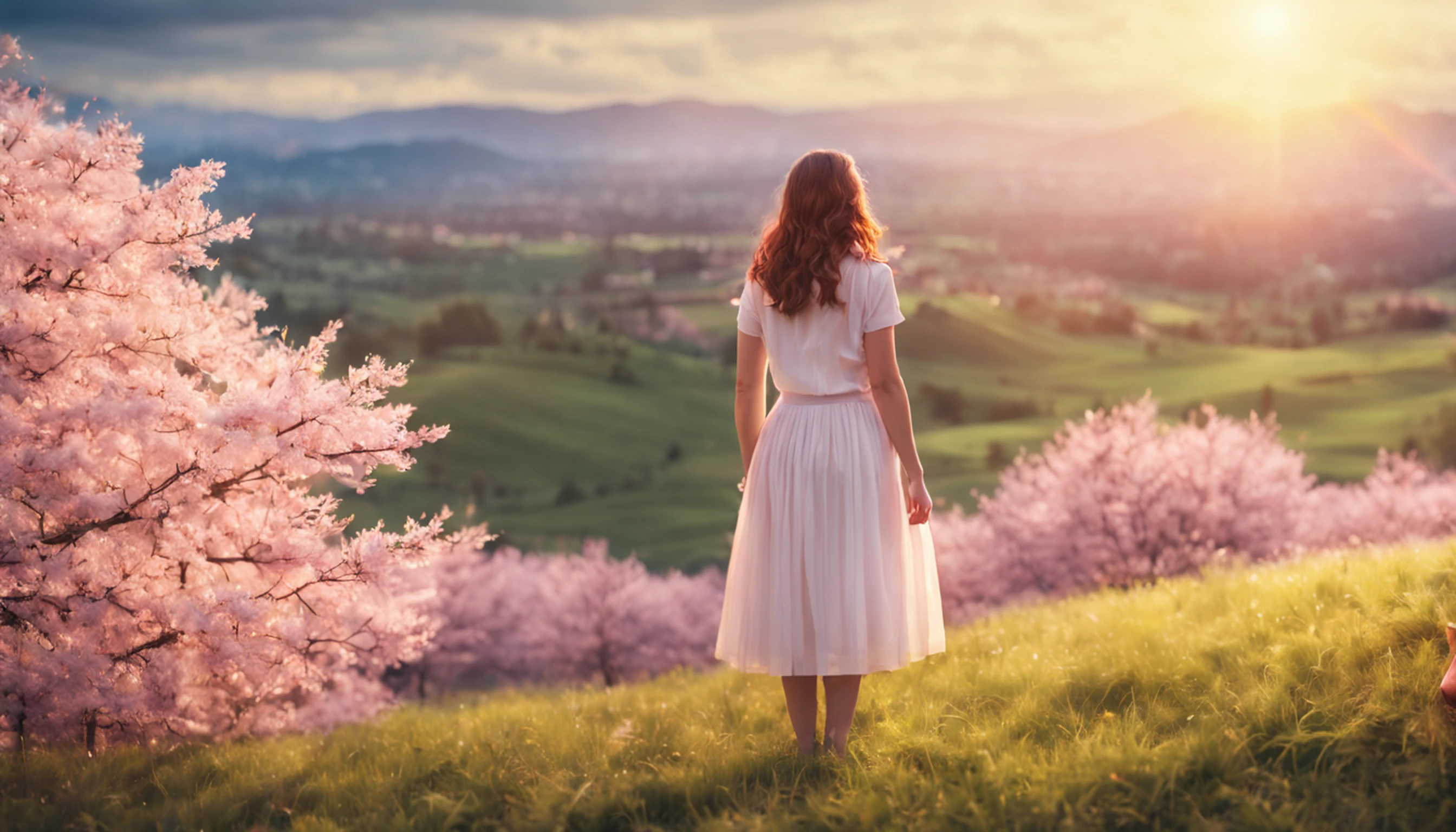 vast landscape photo, (view from the bottom, The sky is above and the open field is below), A 30-year-old girl standing in a field of cherry blossoms looking up, (fullmoon: 1.2), (lightning strikes: 0.9), (nebula: 1.3), distant mountains, Árvores BREAK Crafting Art, (warm light: 1.2), (fire flies: 1.2), lights, lot of purple and orange, details Intricate, volumeric lighting, realism BREAK (Masterpiece artwork: 1.2), (best qualityer), 4K, ultra detali, (dynamic compositing: 1.4), very detailed and colorful details, (rainbow colors: 1.2), (bright illumination, Atmospheric Illumination), dreamy, magica, (独奏: 1.2)