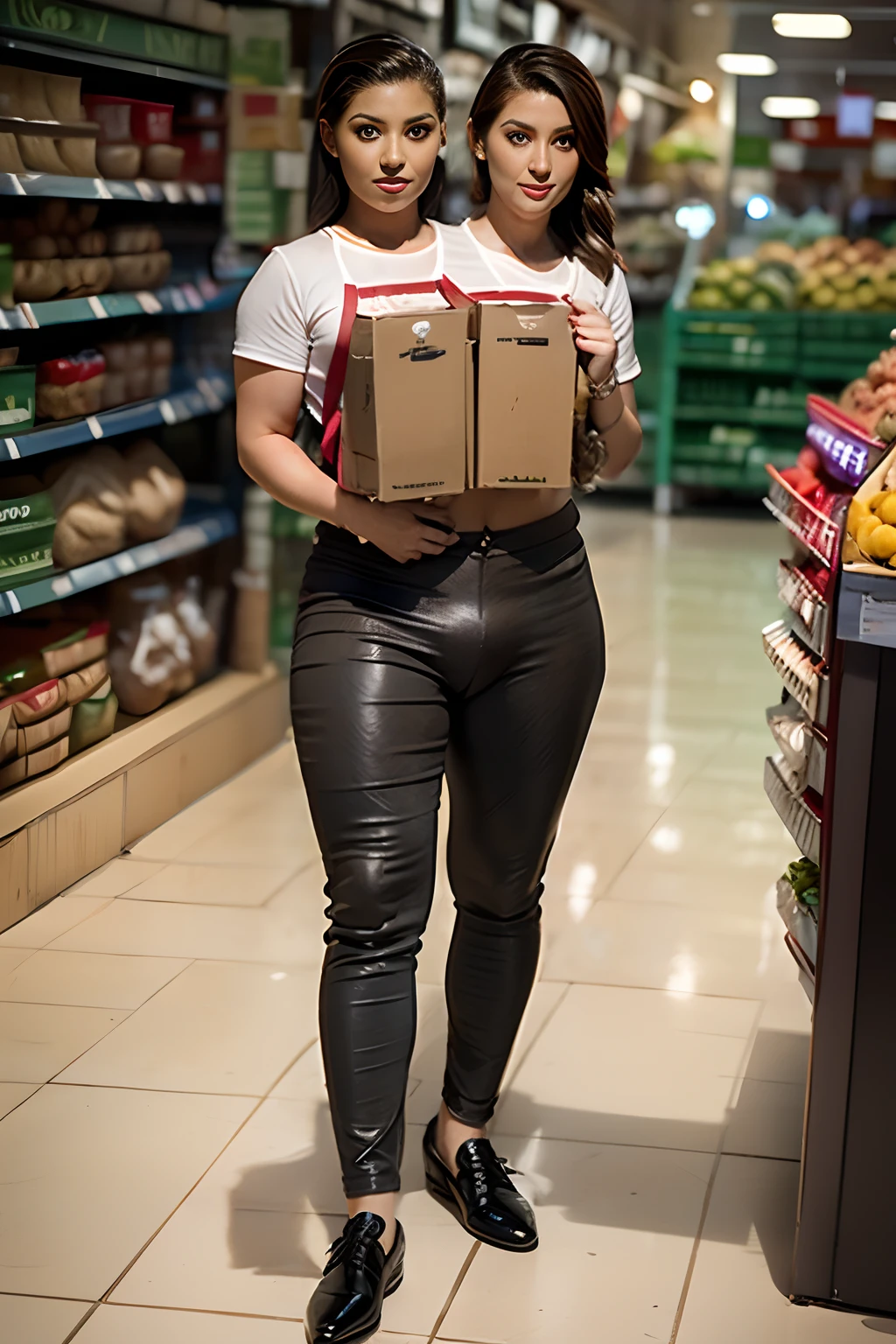 Two women in leather pants holding a box in a grocery store - SeaArt AI