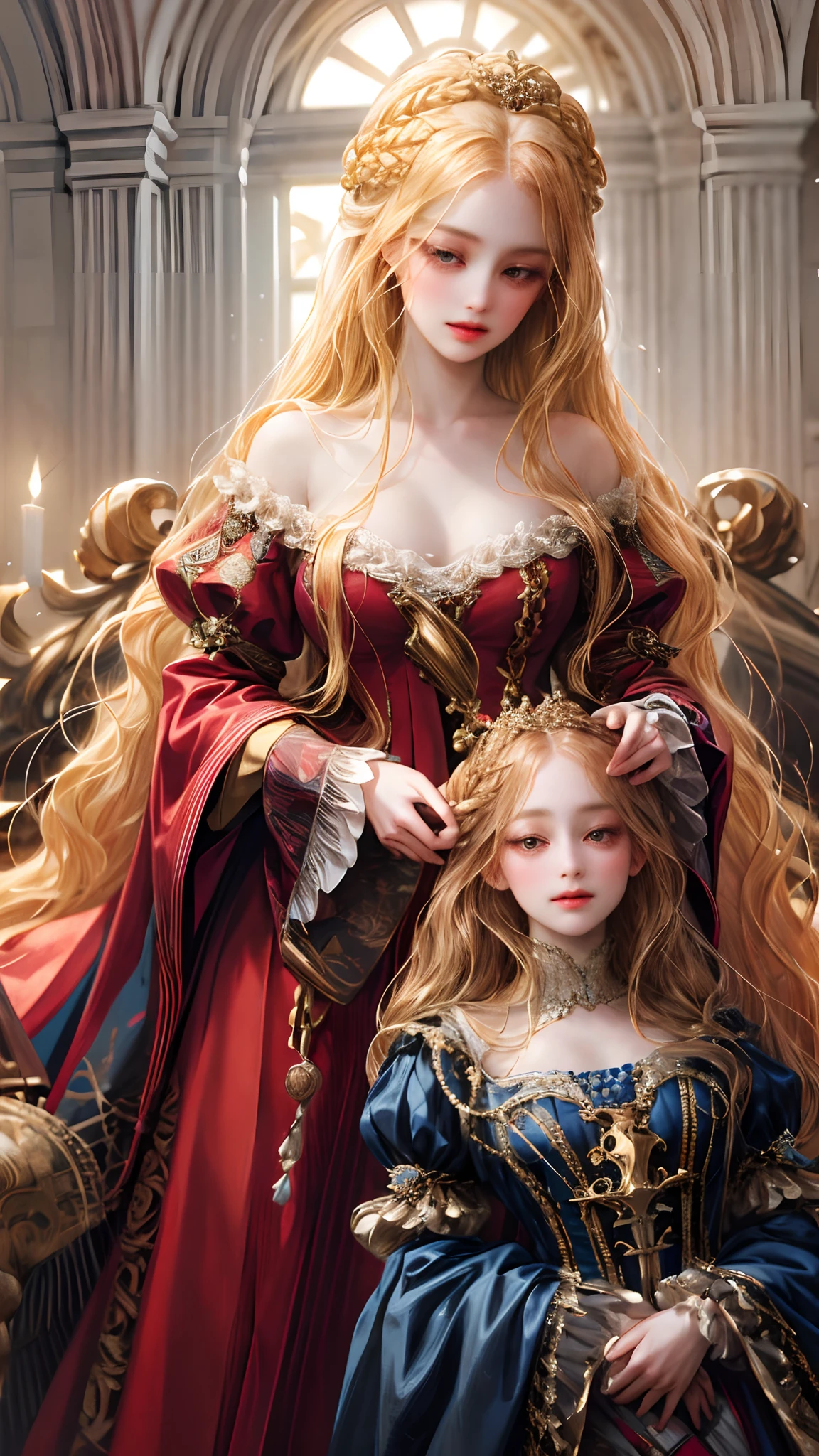 (absurdres, highres, ultra detailed), 1girl, solo, mature, (very long hair, blonde hair), Baroque, long dress, long sleeve, elegant, colorful, highest detailed, upper body