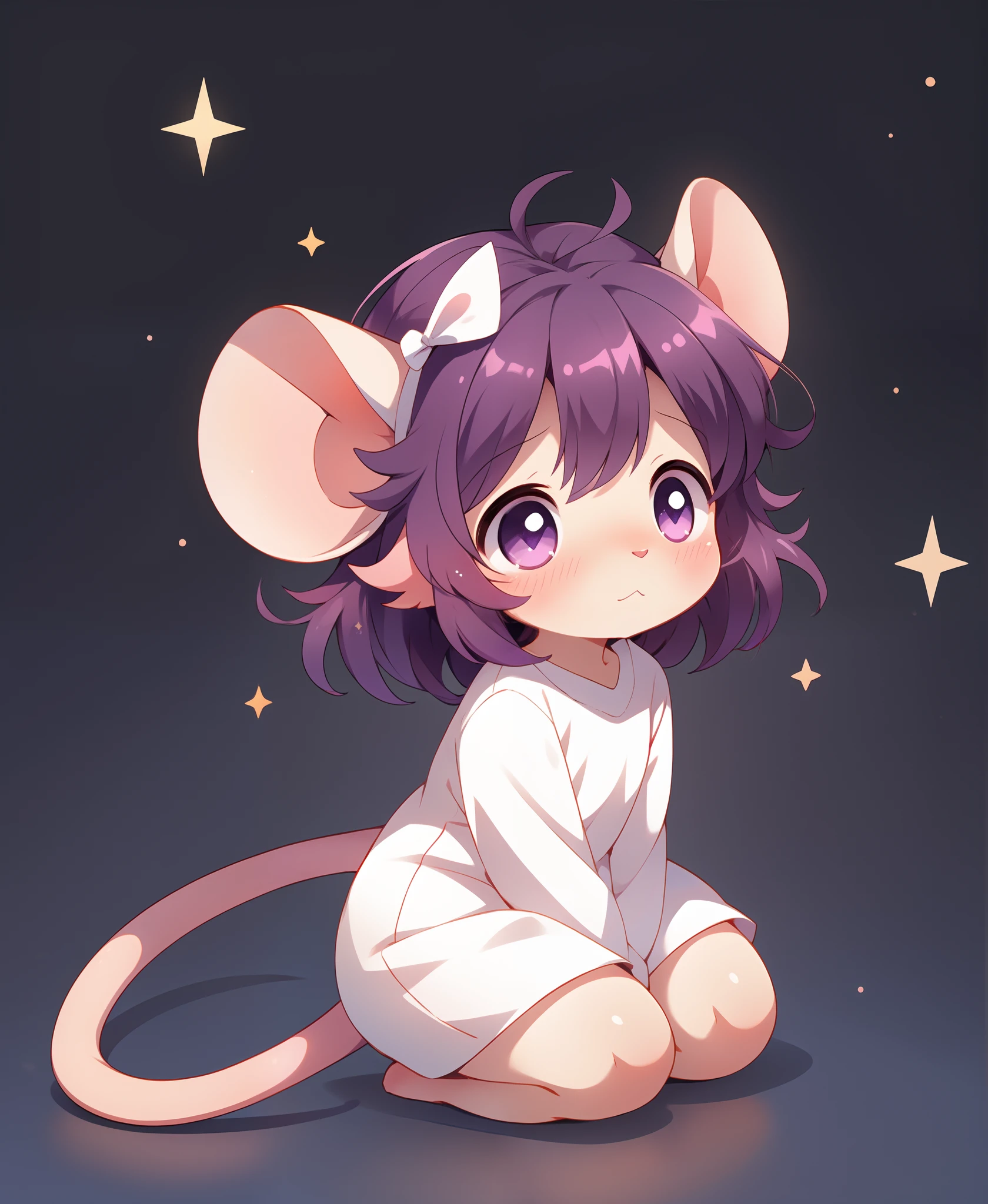 purple hair, curly hair, hair ribbon, sparkling eyes, animal ears, mouse ears, shy, full blush, flustered, light blush, anime, anime style, Minimalism, 8k, super detail, furry, animal tail, mouse tail, cute, kawaii, chibi, sfw