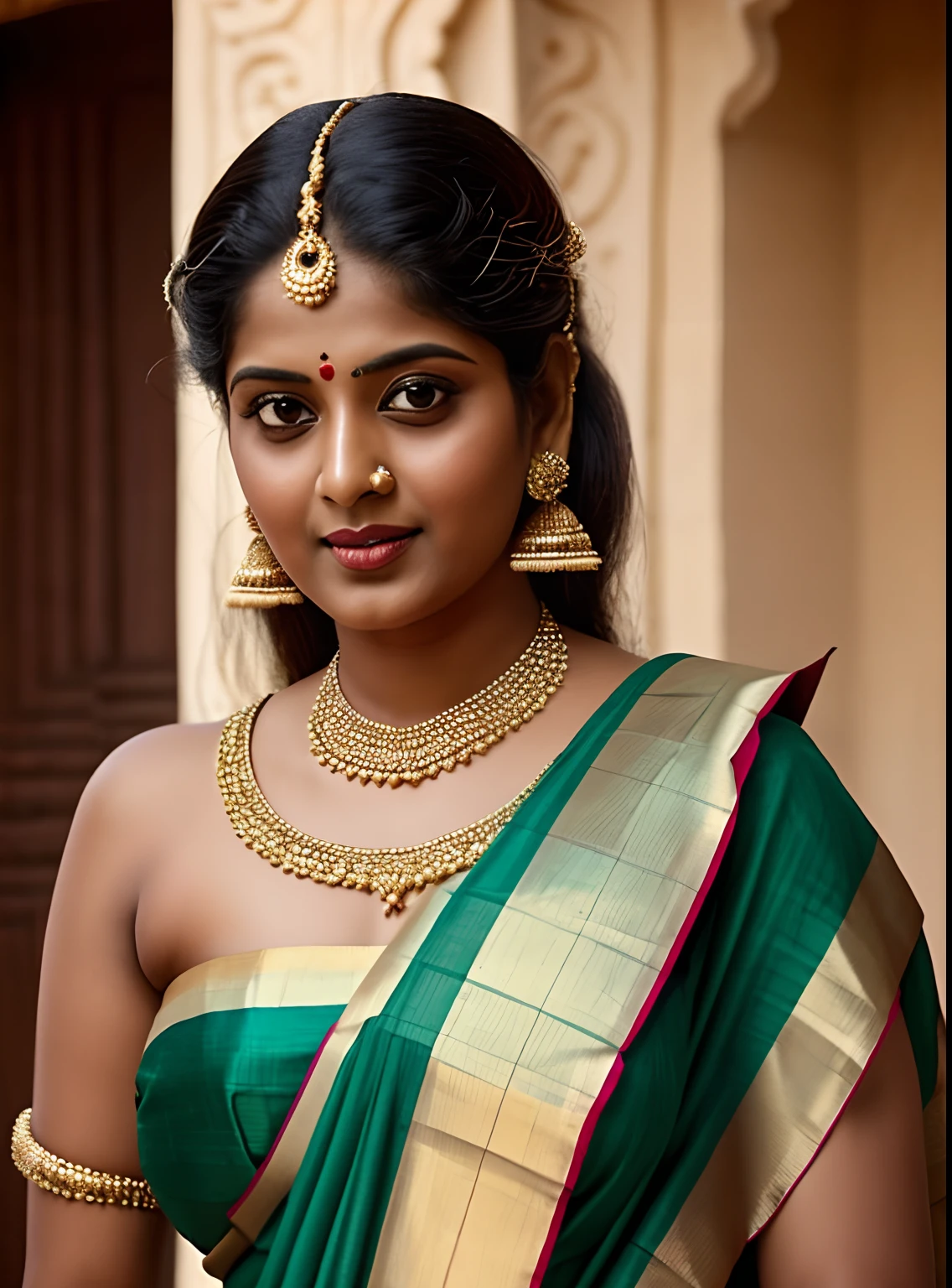 A woman in a green and gold sari posing for a picture - SeaArt AI