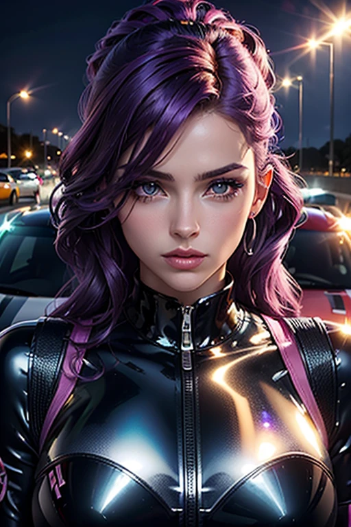 A girl wearing a Pilot Suit leans on a car ,Race Queen,, Racetrack at Night, Neon lights , Spotlights, blushing face , Dark and purple hair, Eye Shadow,, Shiny Hair (Best quality:1.1), (Masterpiece:1.4), 1fille, (cheveux volumineux)+ , ((cheveux)++, cheveux longs , (Yeux Bleux) , (big lips)+, peau brillante, brillant, Detailled car, High resolution, good proportions