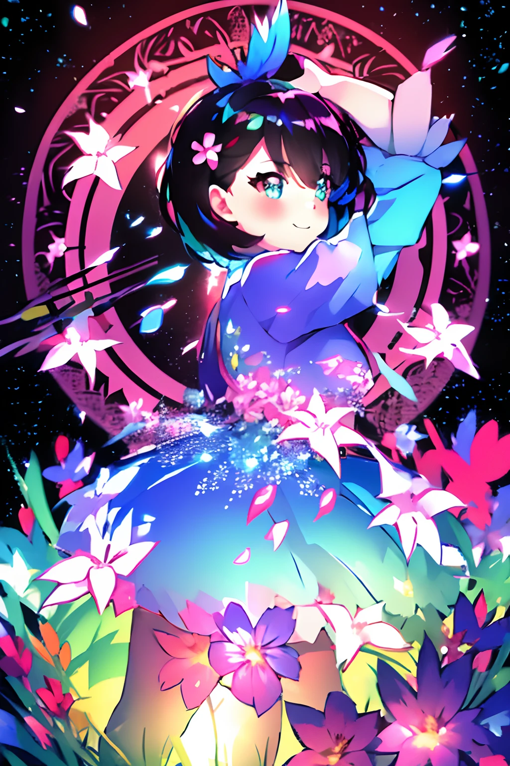 Extremely detailed,(Fractal Art:1.1),(Colorful:1.1)(Flowers:1.3)、 (Dynamic Pose), (Abstract background:1.3)、(Many colors:1.4)、Place one small doll on a circular stand、kawaii pose、A smile、A dark-haired、Chibi Doll、Stars in the eyes（kirakira）、Singing with microphone in hand、Eye Up、Laugh、Cute red shoes、Ultra Detail, radiant light、bio luminescent、Stronger bokeh effect、Taken from the side