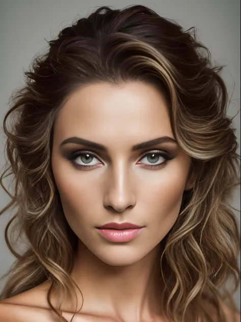 A photorealistic portrait of an incredibly beautiful, braungebrannten brasilianischen Supermodels mit leichtem Make-up, Photo for the cover of a fashion magazine, Extrem detaillierte Honigaugen, Detailliertes, symmetrisches, realistisches Gesicht, extremel...