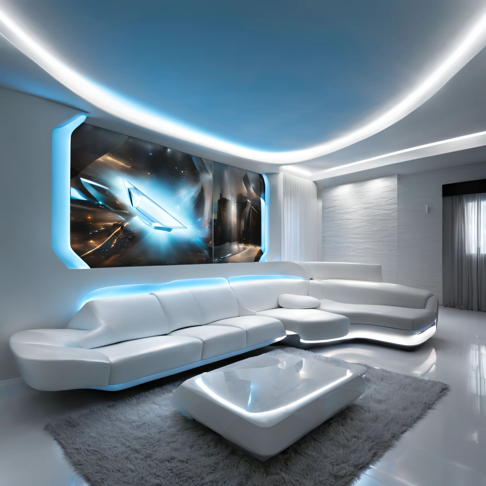 arafed ceiling with a glass panel and a white couch, futuristic dramatic lighting, futuristic looking living room, futuristic interior, futuristic room, futuristic decor, volumetric interior lighting, dramatic white and blue lighting, stunning volumetric lighting, glowing interior lighting, futuristic decoration, dramatic and dynamic lighting, white accent lighting, dramatic ambient lighting, award winning interior design, futuristic lighting