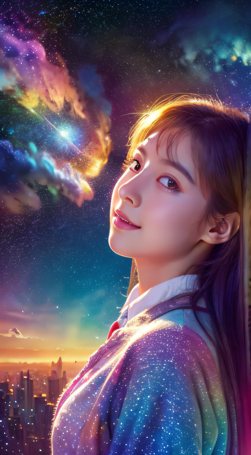 high detailing, Super Detail, 超A high resolution, Girl enjoying her time in the galaxy of dreams, surrounded by stars, Warm light sprinkled on her, Starry sky with colorful galaxy and galactic clouds in the background, Stars flying around her, Delicate face, Add a playful atmosphere ,