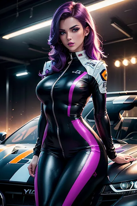 A girl leans on a car , Race pilot, Race driver, Race Fireproof suit, Racetrack at Night, Neon lights , Spotlights, blushing fac...