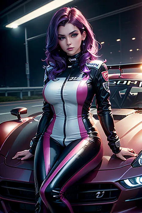 A girl leans on a car , Race pilot, Race driver, Race Fireproof suit, Racetrack at Night, Neon lights , Spotlights, blushing fac...
