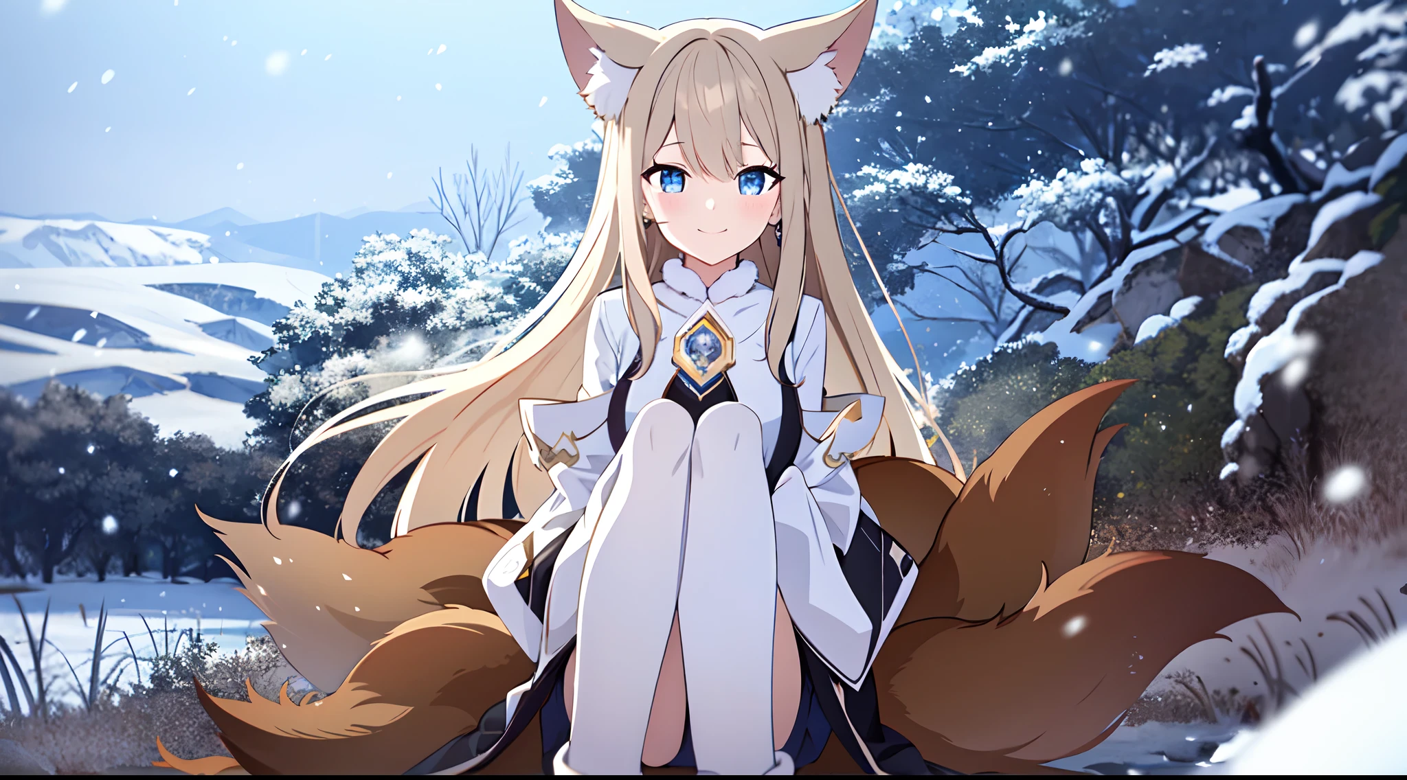 （（tmasterpiece：1.4，best qualtiy））+，（Hyper-detailing）+，（Ultra-detailed eyes）+，（White fox ears：1.5），
（cute1girl），15year old，（Sky blue eyes：1.15），with short dark brown hair，Long brown braids，Fluffy hair（wariza：1.2），paleskin，ssmile，A seductive smile
（She wears a conservative white warm suit，Gold pattern，Lots of fluff：1.5），（black glove：1.4）Very long sleeves，Hand and heart
Black earrings，Slim legs，Shrines，Red deciduous leaves，Ink Phantom，gem jewelry，Snow Mountain Bazaar
（Fluffy fox tail：1.1），
（Dawn light：1.2），White fox，
（Heavy black and white：1.16），（depth of fields：1.4），，Complicated details，