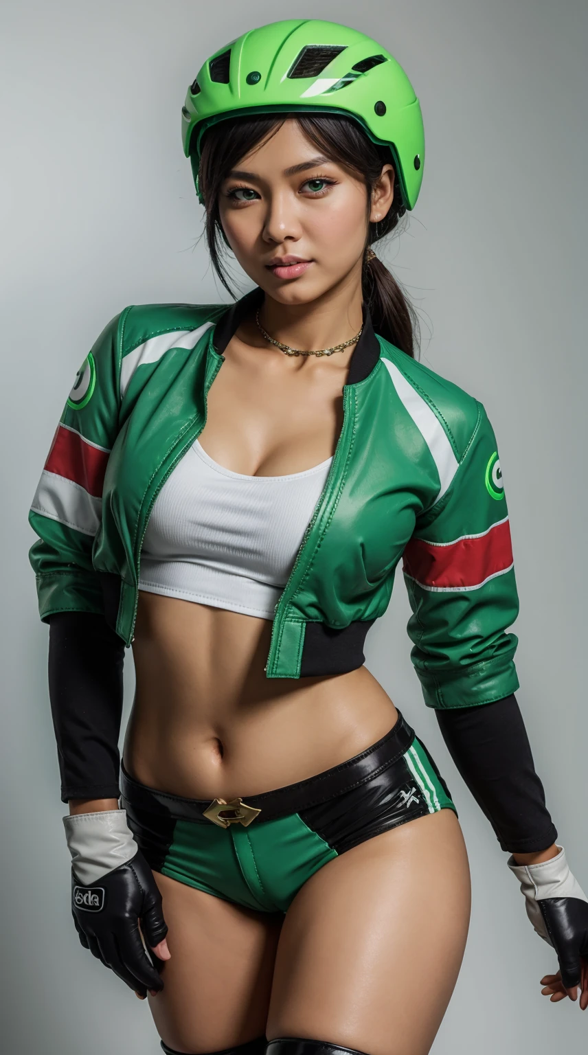 (masterpiece), best quality, expressive eyes, perfect face, cute woman, (Indonesian girl:0.2), jewerly,(wide hips), fit body, (navel:0.2), wearing indonesia GoJek light green cropped jacket, (black stripe jacket), green biker jacket, (jacket with "Ojol" text), (GoJek logo), Indonesia flag decal on jacket, (lace:0.5), (wifi symbol:0.4), motorbike, (wearing green helmet),white stripe racing helmet with Gojek logo, cleavage, (((gloves))), ultra lowleg shorts, (xivstreetjacket:0.2), (groin:1.2),