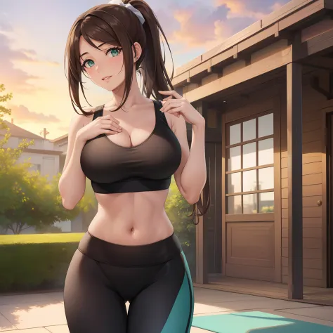 Masterpiece, Best Quality, (((Solo mature woman resembling Lucy Pinder))), (((Brown hair))), Ponytail, Large chest, (((wide hips))), (((aqua green eyes))), full lips, seductive smile, cleavage, (standing on mat in back yard), outdoors,  sunset, blushing, (...