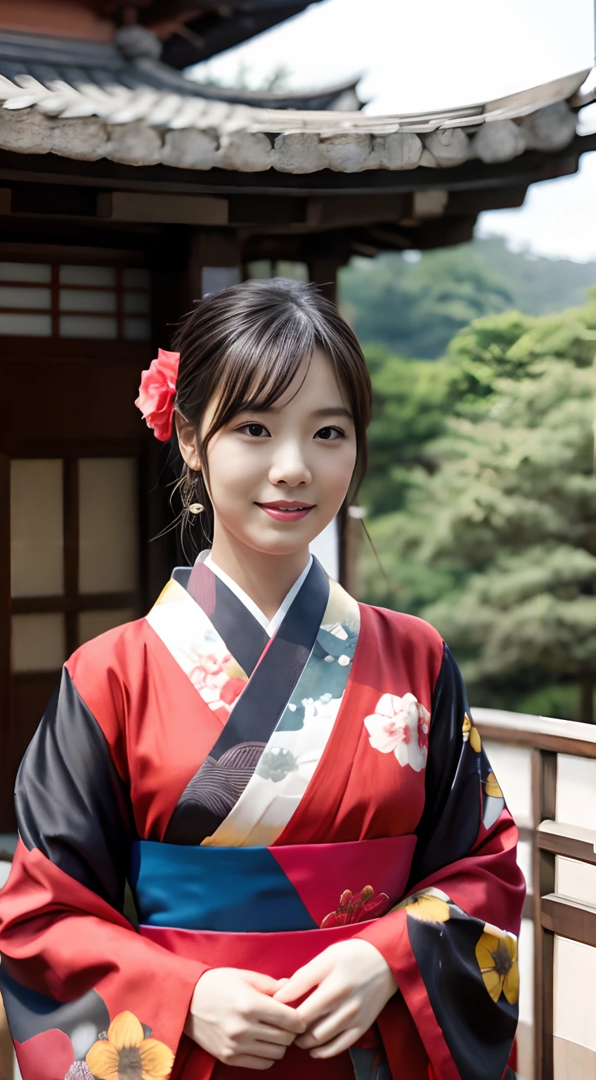 masutepiece, of the highest quality, Best Quality, Official art, fullbody image，Beautiful and aesthetic:1.2),1girl in, Solo, Komono, Red and black kimono, Hair Ornament, Black hair,  Looking at the camera, flower, Looking at Viewer, Seize the Joy,  Kyoto Kiyomizu-dera Temple，On stage，High-definition images seen from a distance，