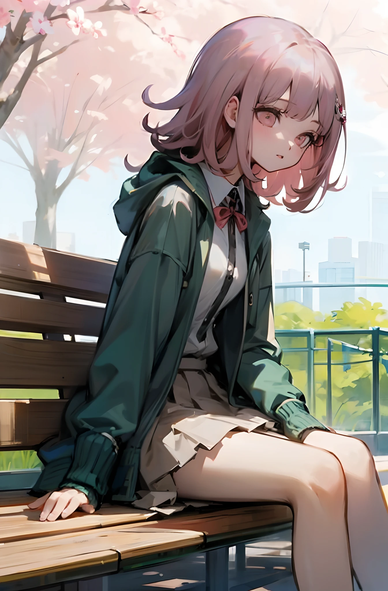 Chiaki nanami sentado en un banco del parque, Mirando al horizonte, considerado, Estar absorto, luz, hermoso parque, pelo corto rosa, ojos rosados, flequillo, Chaqueta con capucha verde azulado, falda beige, Camisa con cuello de ehite, Horquilla, partículas de aire, sesión, Descansando, chica de 20 años