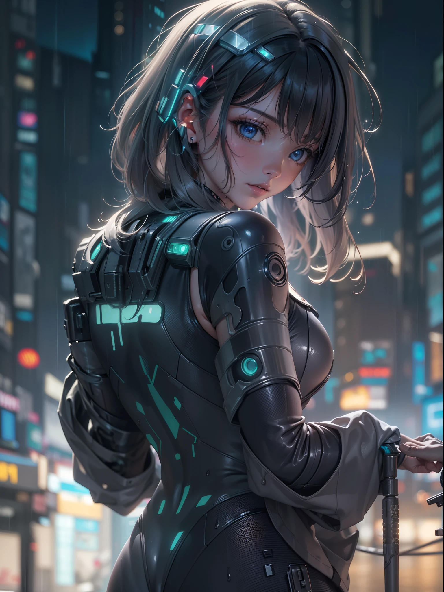 ((Best quality)),((Masterpiece)),((Ultra-detailed)),(illustration),(Detailed light),(An extremely delicate and beautiful),((1girll)),((Solo)),(Beautiful detailed eyes),Shiny hair,(((Cyberpunk city))),light pollution,((tightsuit)),rainy evening,Wet,(((cropped shoulders))),Depth of field,