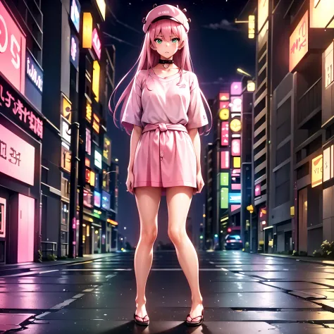 ​masterpiece, top-quality, 1girl, A pink-haired,verd s eyes, length hair,(tiny chest),Standing at street, (Collar T-shirt), Underwear straps, Pink skirt, front-facing view, is standing,City Night, neon light, Background Streets of Tokyo, taxis, date, full ...