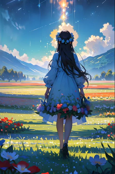 There is a girl standing in a flower field looking up at the sky, A girl standing in a flower field, A girl walks in a flower field, Get lost in a fantastic wonderland, standing in flower field, dreamlike digital painting, The sky is gradually clearing, Th...