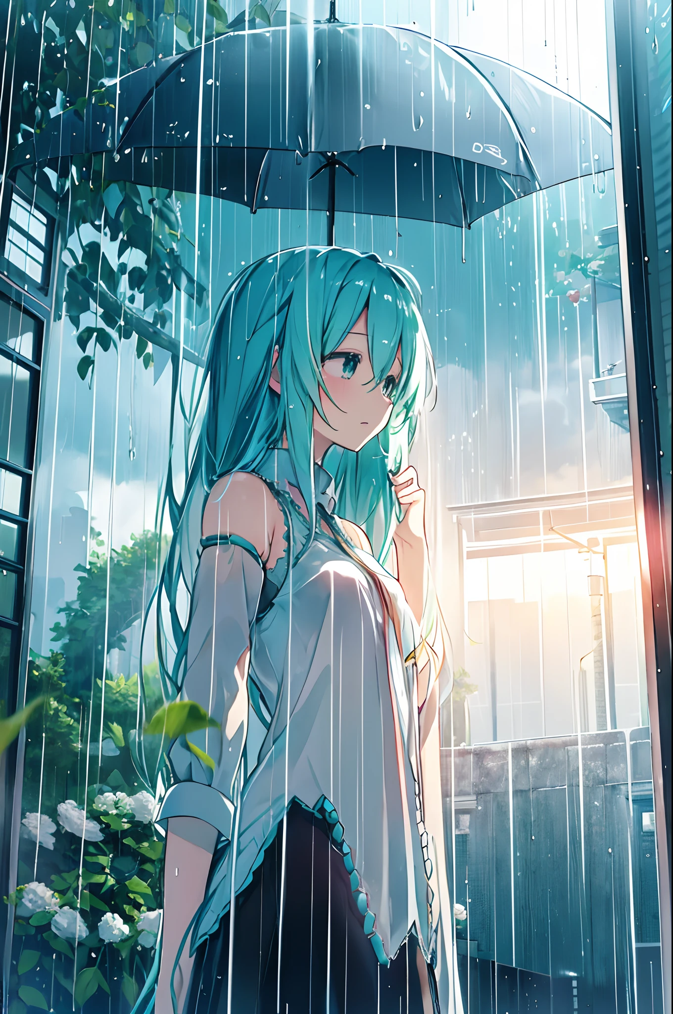 Anime girl with blue hair and blue eyes standing in the rain - SeaArt AI