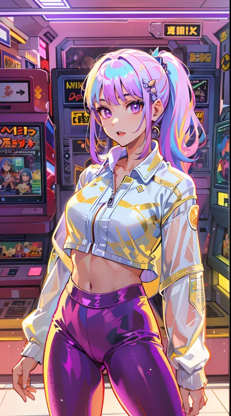 ((Masterpiece)), best quality, absurderes, ultra detailed, holographic, cowboy shot, golden ratio, super cute girl, mature girl, super beautiful asian girl with very beautiful violet glowing eyes, beautiful glowing white multicolored hair, high ponytail,  ...