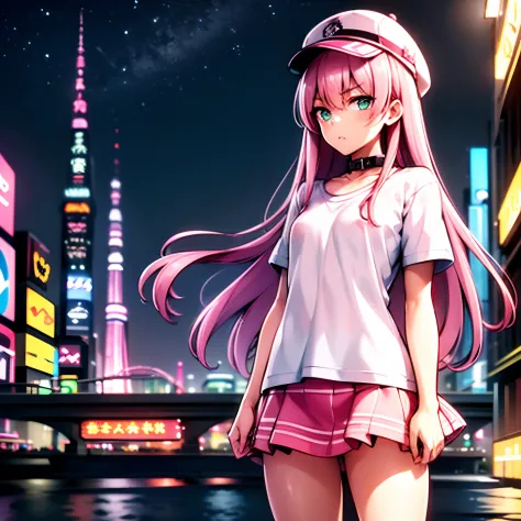 ​masterpiece, top-quality, ((1girl in)), A pink-haired,verd s eyes, length hair,(tiny chest),Standing at street, (T-shirt with c...