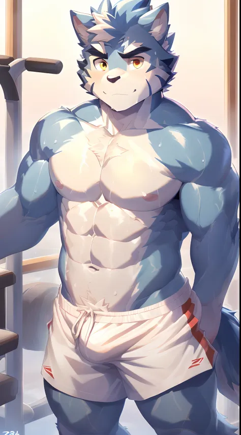 Hominidae, Pose for Camera. 4K, high resolution, Best quality, posted on e621, (Anthropomorphic blue wolf:1.2), male people, 20yr old, Thick eyebrows, Light blue fur, Ultra-short hair, shaggy, Strong body, large pecs, ((Shirtless)), He's exercising, Pink m...