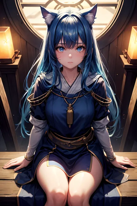Top quality, high resolution, perfect human structure, background focus, front view, glowing hair, cat ears, blue hair, tears, sitting, shrine, priestess outfit, bangs pinned back, determined, glowing eyes