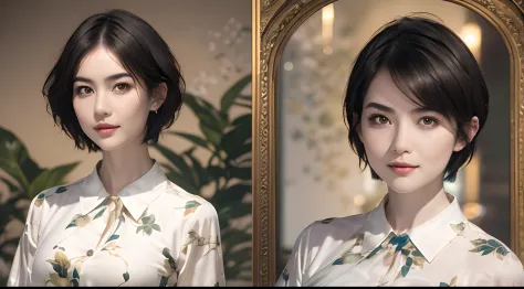 94
(a 20 yo woman,is standing), (A hyper-realistic), (masutepiece), ((short-hair:1.46)), (Smooth black hair), wear long pants, (Wearing a long-sleeved shirt with a floral print), (painterly、picture frame), (Gentle smile), (Keep your mouth shut), Light and ...