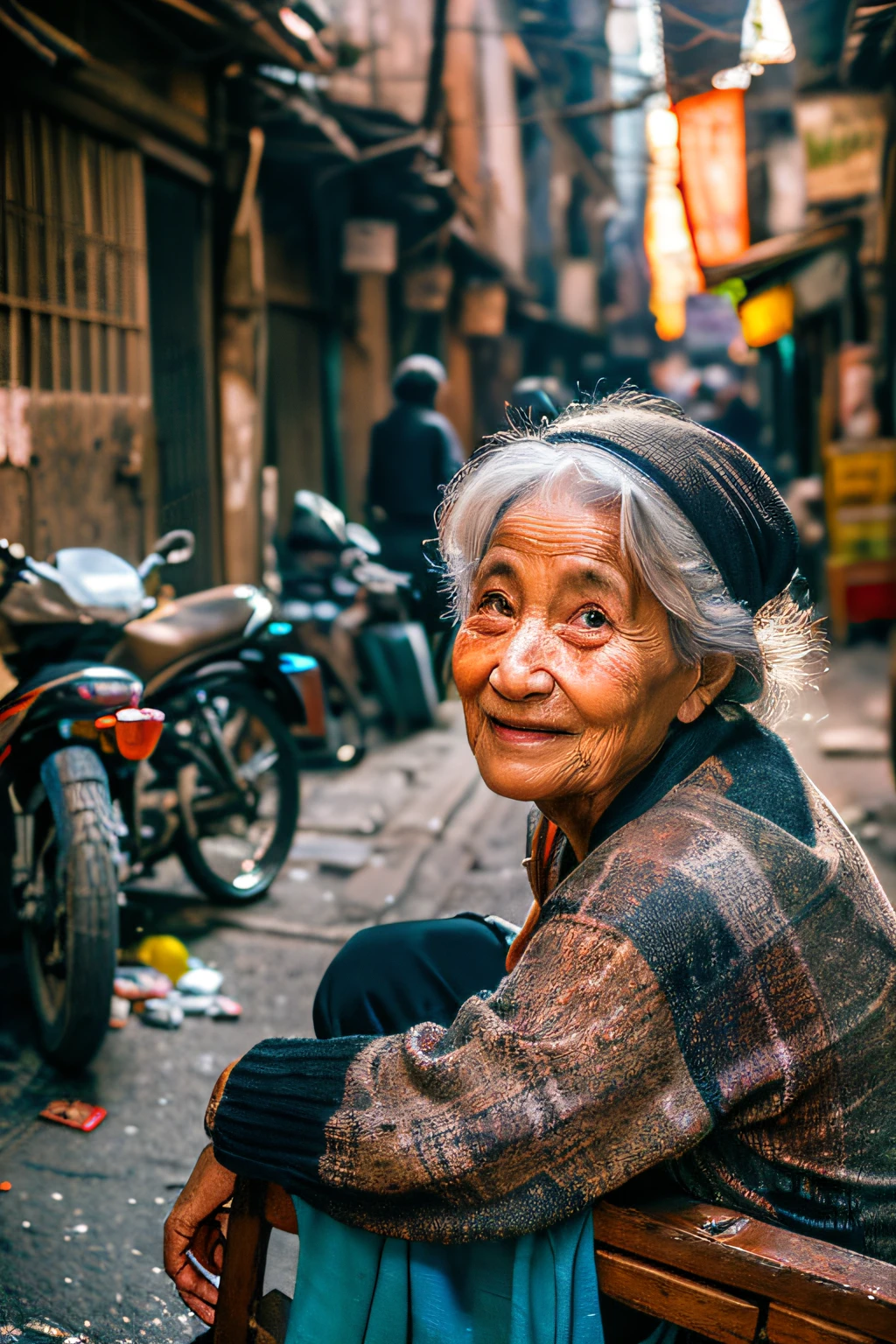 an old woman in a slum neighborhood, beautiful detailed eyes and lips, wrinkled face, gray hair, wise expression, kind smile, wearing worn-out clothes, sitting on a wooden chair in the narrow alley, surrounded by dilapidated buildings and graffiti, sunlight piercing through the cracks, creating dramatic shadows, the smell of garbage wafting in the air, rats scurrying around, the sound of distant sirens and honking cars, capturing the gritty and harsh reality of the slum, oil painting style with vibrant colors, high contrast, and textured brushstrokes, warm and earthy color tones, adding depth and richness to the image, dramatic lighting with strong highlights and shadows, emphasizing the elderly woman's features and emphasizing the contrasting elements in the scene. (best quality, 4k, high resolution, realistic:1.37), ultra-detailed, photorealistic:1.37, HDR, studio lighting, sharp focus, professional, vivid colors, bokeh, slum neighborhood, elderly, poverty, resilience, humanity