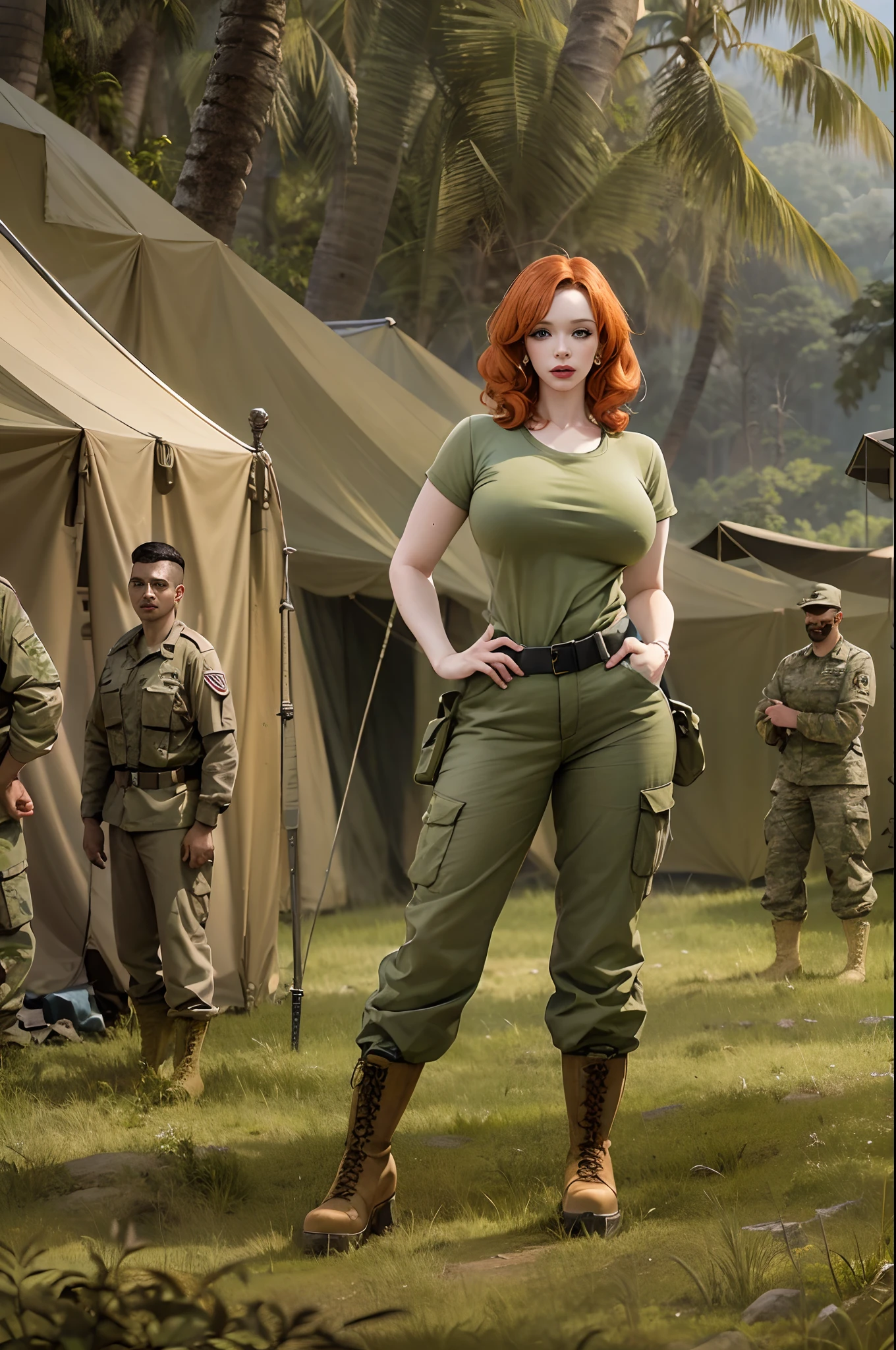 Кристина Хендрикс, шедевральное качество, реалистичный, дневной свет, носить армейскую форму, в боевых ботинках, потный, на военной базе, военные палатки на заднем плане, войска на заднем плане, Джунгли на заднем плане, сексуальная поза, большая грудь,