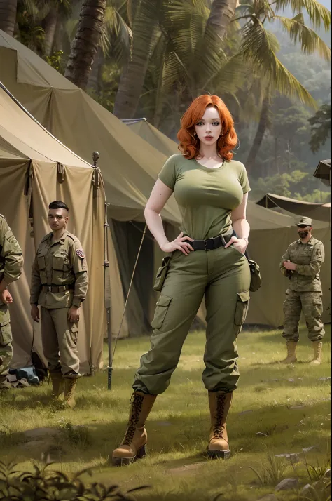Christina Hendricks, masterpiece quality, realistic, daylight, wearing army fatigues, wearing combat boots, sweaty, on a militar...