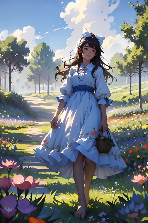 alice in the wonderland, (A bow on the head:1.1), Upper body，There is a girl standing in a flower field looking up at the sky, A girl standing in a flower field, A girl walks in a flower field, Get lost in a fantastic wonderland, standing in flower field, ...