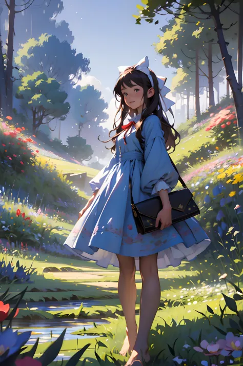 alice in the wonderland, (A bow on the head:1.1), Upper body，There is a girl standing in a flower field looking up at the sky, A girl standing in a flower field, A girl walks in a flower field, Get lost in a fantastic wonderland, standing in flower field, ...