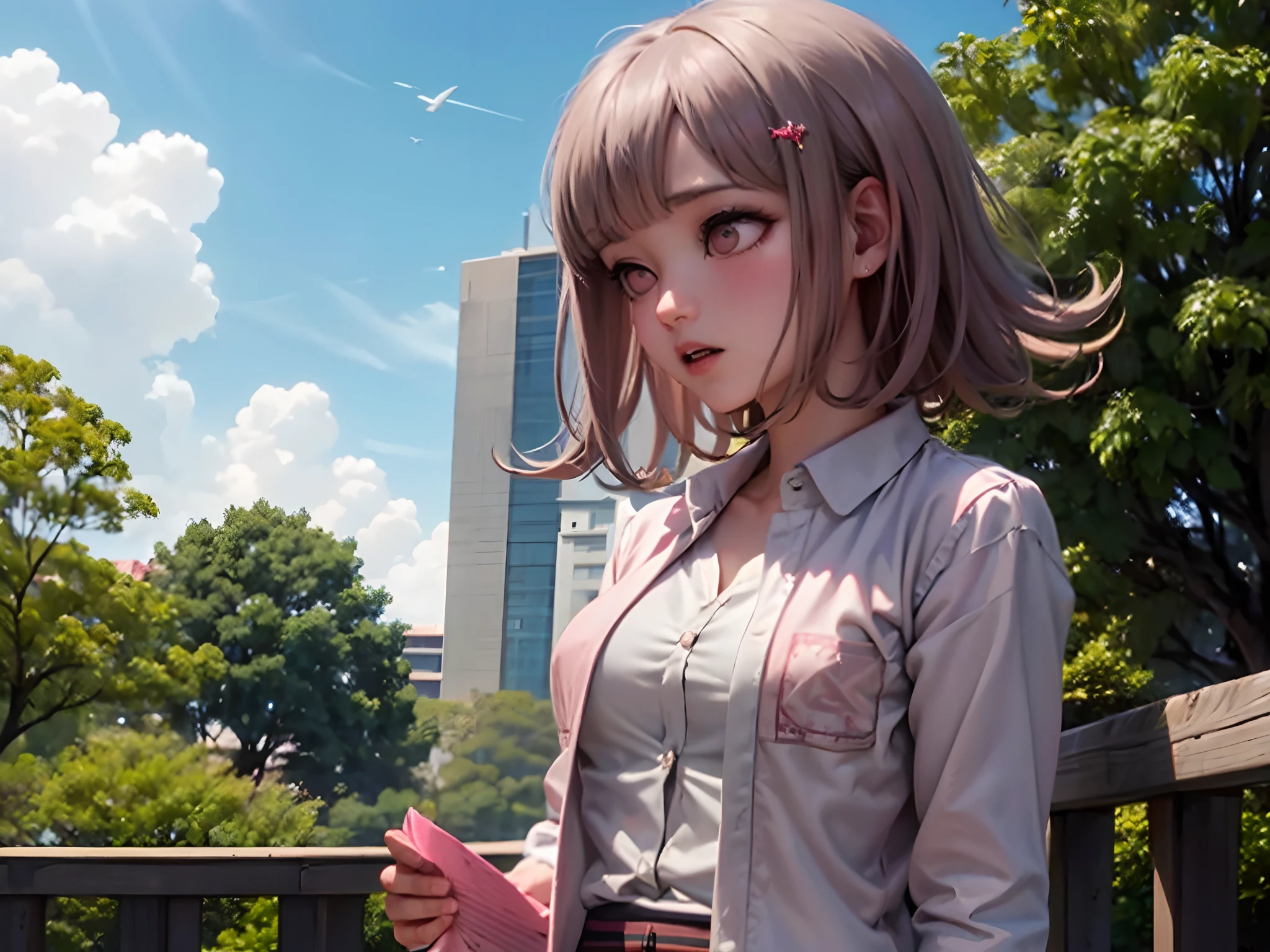 Chiaki nanami sentado en un banco del parque, Mirando al horizonte, considerado, Estar absorto, luz, hermoso parque, pelo corto rosa, ojos rosados, flequillo, Chaqueta con capucha verde azulado, falda beige, Camisa con cuello de ehite, Horquilla, partículas de aire, sesión, Descansando, chica de 20 años