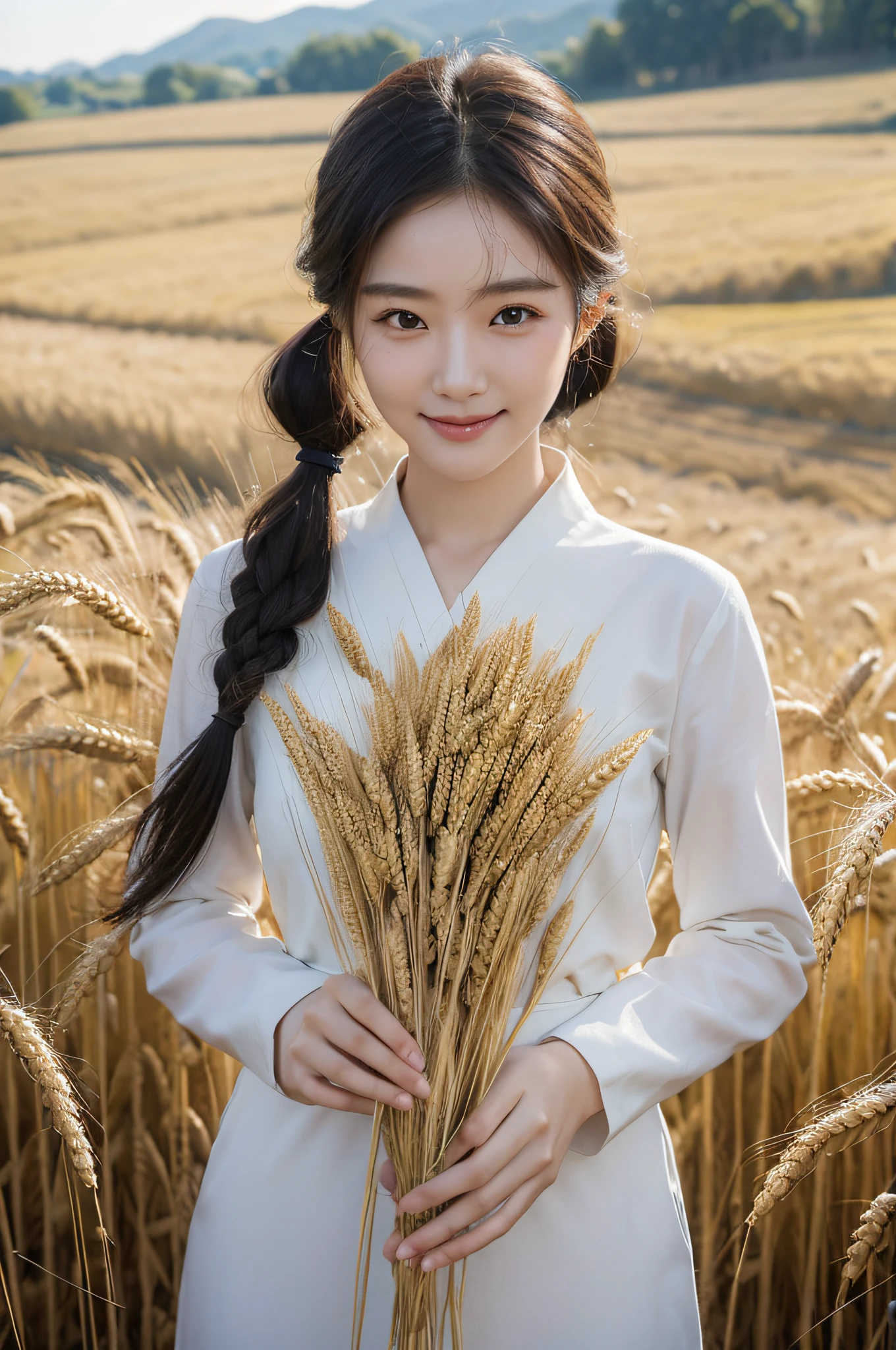 Korean woman, (Masterpiece, Beautiful people, Contaminated smile), Virtual Youku, Farm work in the countryside, (are present (Cut the wheat: 1.4)), fertilize, Weeding, plain face, No makeup, Country Girl, pony tails, Detailed skin texture, Detailed cloth texture, finerly detailed face. Masterpiece, Slim waist, Slim body.