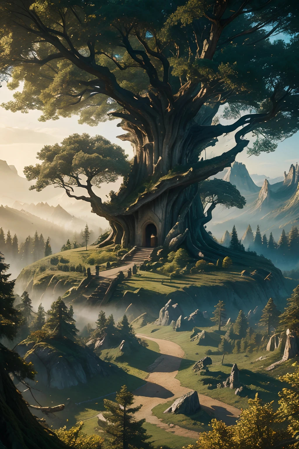 Obra de arte, melhor qualidade, (8K), floresta mística, cidade antiga construída dentro de uma árvore gigante, colinas irregulares e rochas no fundo,