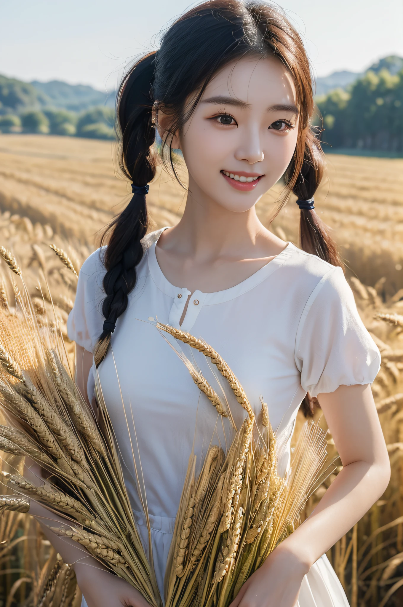 Korean woman, (Masterpiece, Beautiful people, Contaminated smile), Virtual Youku, Farm work in the countryside, (are present (Cut the wheat: 1.4)), fertilize, Weeding, plain face, No makeup, Country Girl, pony tails, Detailed skin texture, Detailed cloth texture, finerly detailed face. Masterpiece, Slim waist, Slim body.