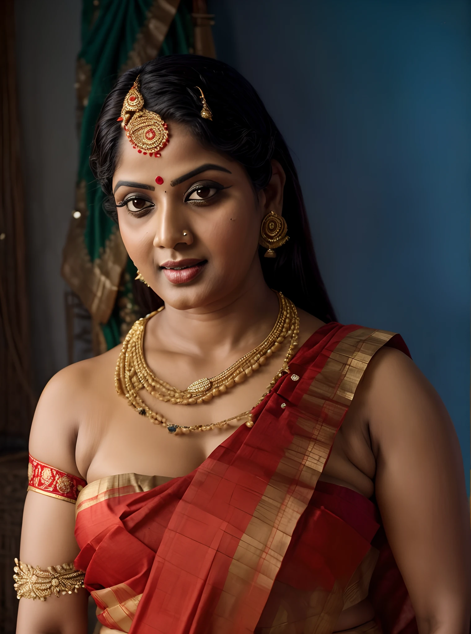 An Extremely gorgeous and beautiful Bengali village woman, 45 yo, pale white skin, sensual appealing body, perfect thick and chubby Beauty, wearing saree bare-chested, wearing a Bengali-style saree without a blouse,, ethnic vintage bengali village woman, bengali style saree, The sari was worn without a blouse and petticoat before the British Raj, baring one's chest or being blouseless,  Bengalis a.k.a. Bongs are known for their unique Bengali fashion sense (the way they don that sari makes you go wow), Pre British Raj, Pre colonial era, Bengali Woman draping sari without blouse is a normal thing in pre British Era, bong woman,