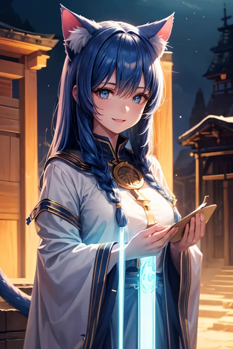 Top quality, high resolution, perfect human structure, background focus, front view, glowing hair, cat ears, blue hair, bangs pinned back, priestess outfit, shrine, laughing, determined, glowing eyes