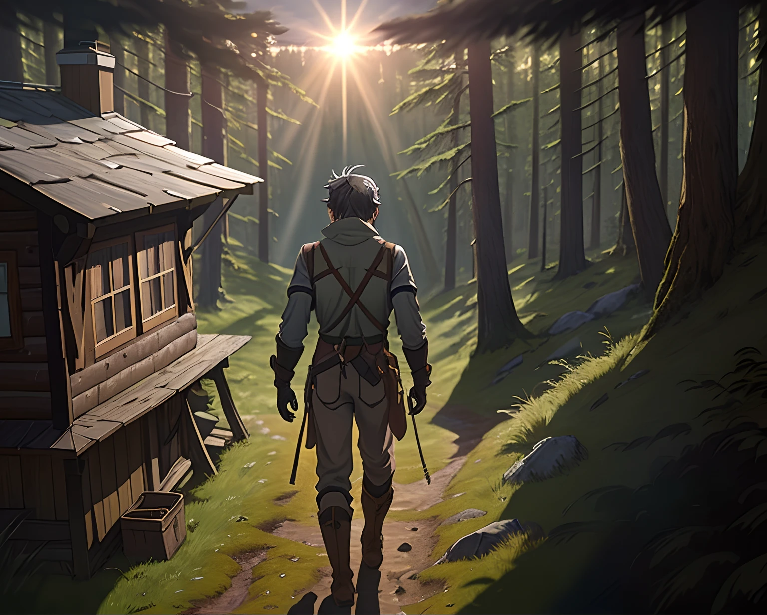 As the first rays of sunlight peek over the horizon, young man black and gray hair his gae around 17 years old, an experienced hiker, emerges from his rustic cabin located at the edge of the forest. His boots crunched on the dew-stained grass with adventurer chlote and lock belt that contain equipment , anime style fantasy forest adventure