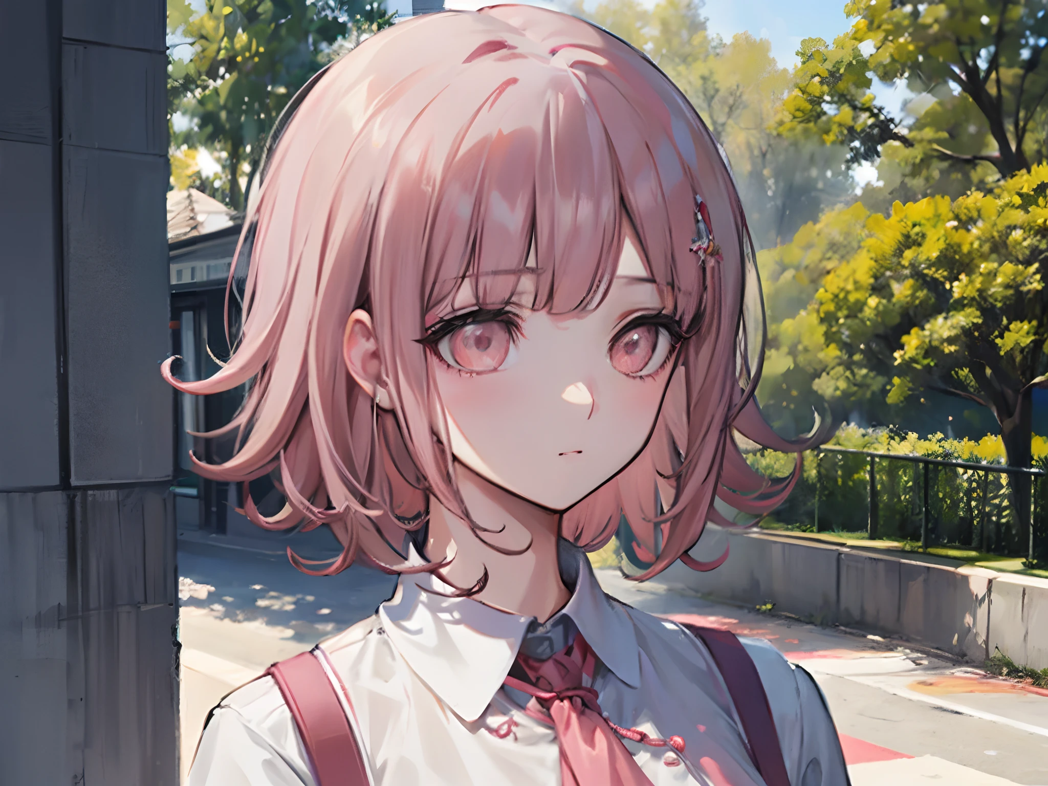 Chiaki nanami sentado en un banco del parque, Mirando al horizonte, considerado, Estar absorto, luz, hermoso parque, pelo corto rosa, ojos rosados, flequillo, Chaqueta con capucha verde azulado, falda beige, Camisa con cuello de ehite, Horquilla, partículas de aire, sesión, Descansando, chica de 20 años