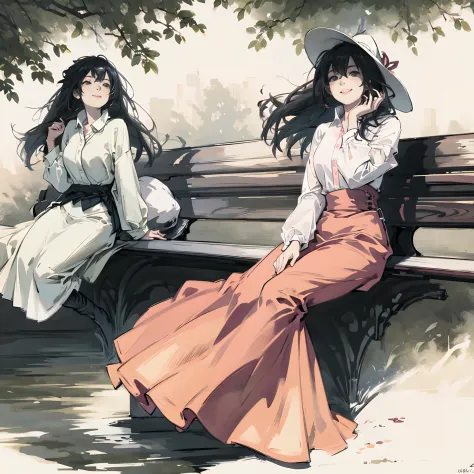 character sketch，A smiling girl in a hat sits on a bench，Long hair is blown by the wind