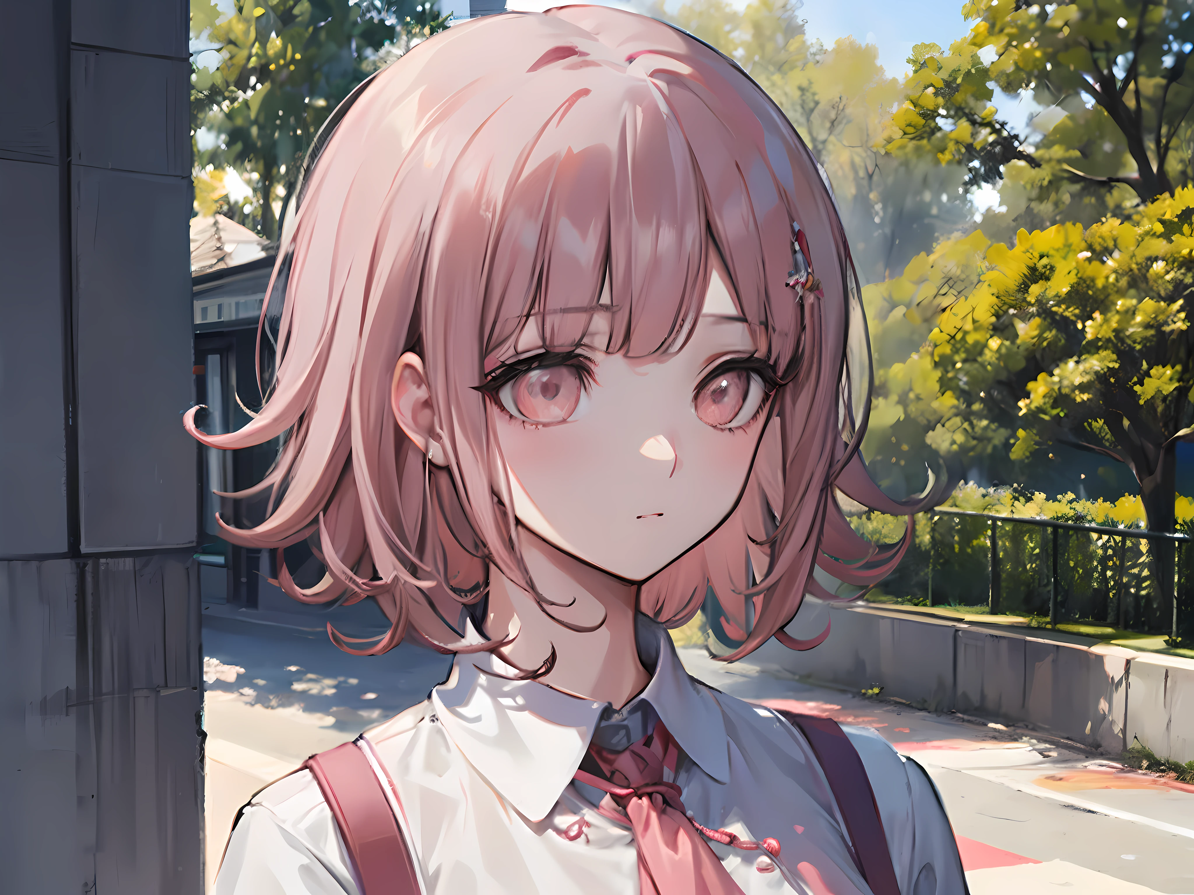 Chiaki nanami sentado en un banco del parque, Mirando al horizonte, pensativo, Estar absorto, Daylight, hermoso parque, Pelo corto rosa, ojos rosados, flequillo, Chaqueta con capucha verde azulado, Falda beige, Camisa con cuello de ehite, Horquilla, air particles, sentada, Descansando, 20 yrs old girl